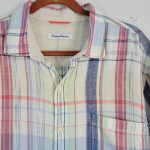 Tommy Bahama Linen Plaid Short Sleeve Button-Down Shirt sz L Multicolor Coastal